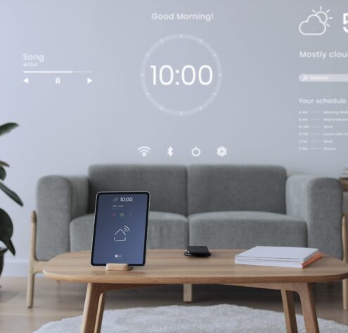 Digital tablet screen with smart home controller on a wooden table