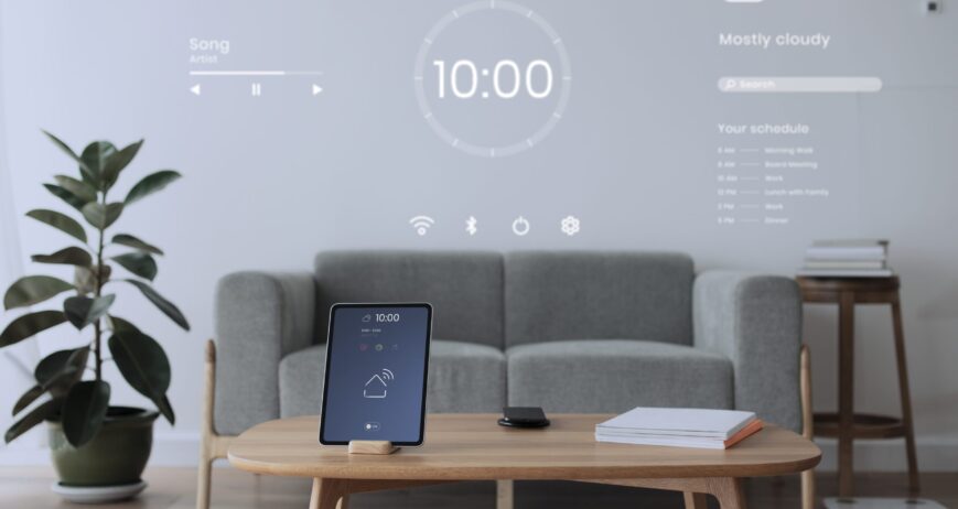 Digital tablet screen with smart home controller on a wooden tab Digital tablet screen with smart home controller on a wooden table